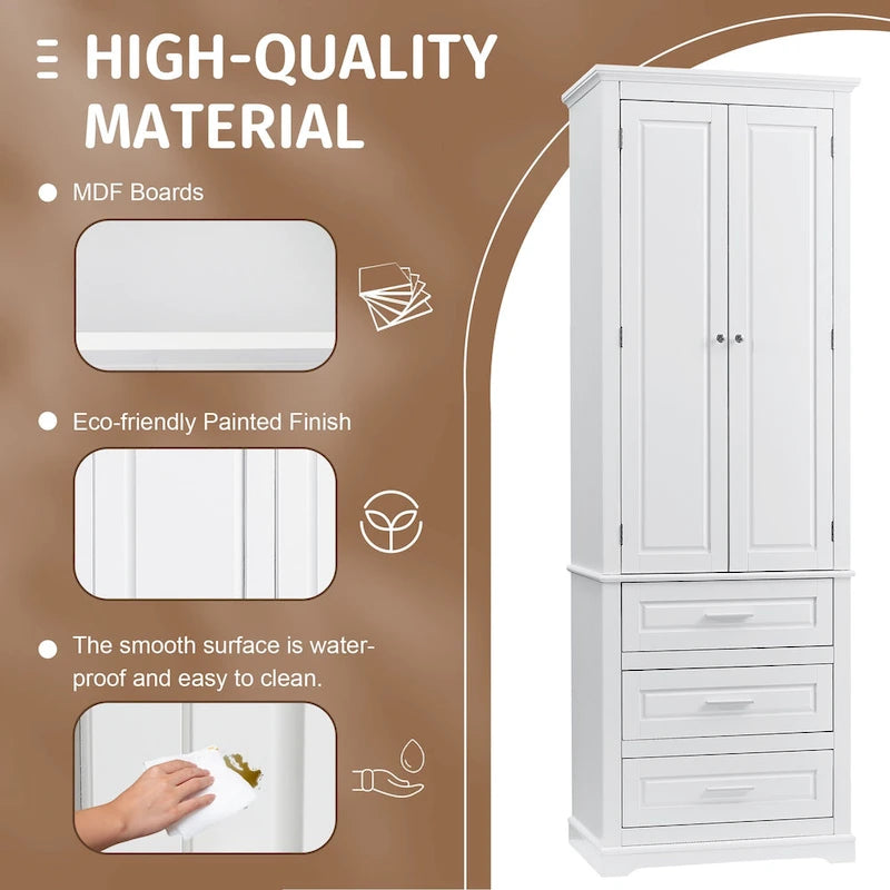 Tall Storage Cabinet with 2 Doors and 3 Drawers Adjustable Shelf MDF