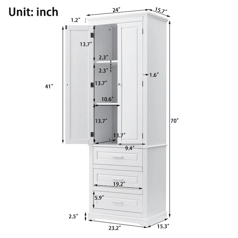 Tall Storage Cabinet with 2 Doors and 3 Drawers Adjustable Shelf MDF