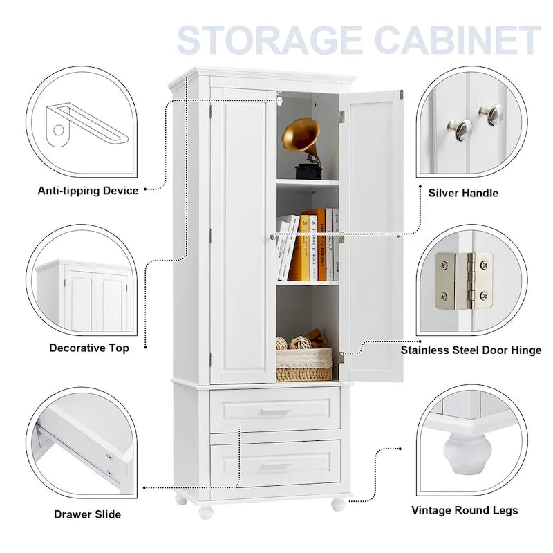 Tall Storage Cabinet with 2 Doors and 3 Drawers Adjustable Shelf MDF