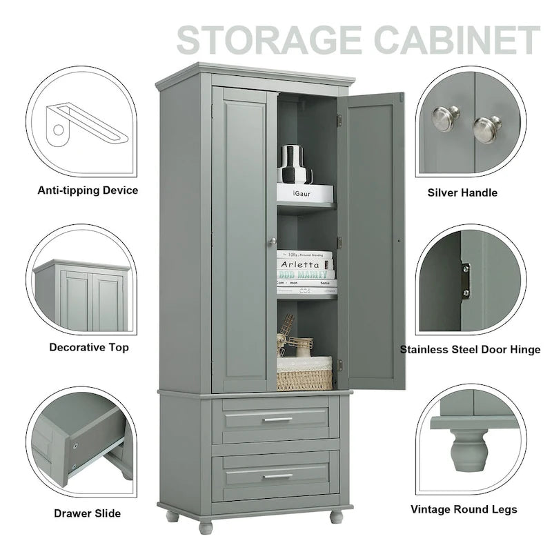 Tall Storage Cabinet with 2 Doors and 3 Drawers Adjustable Shelf MDF