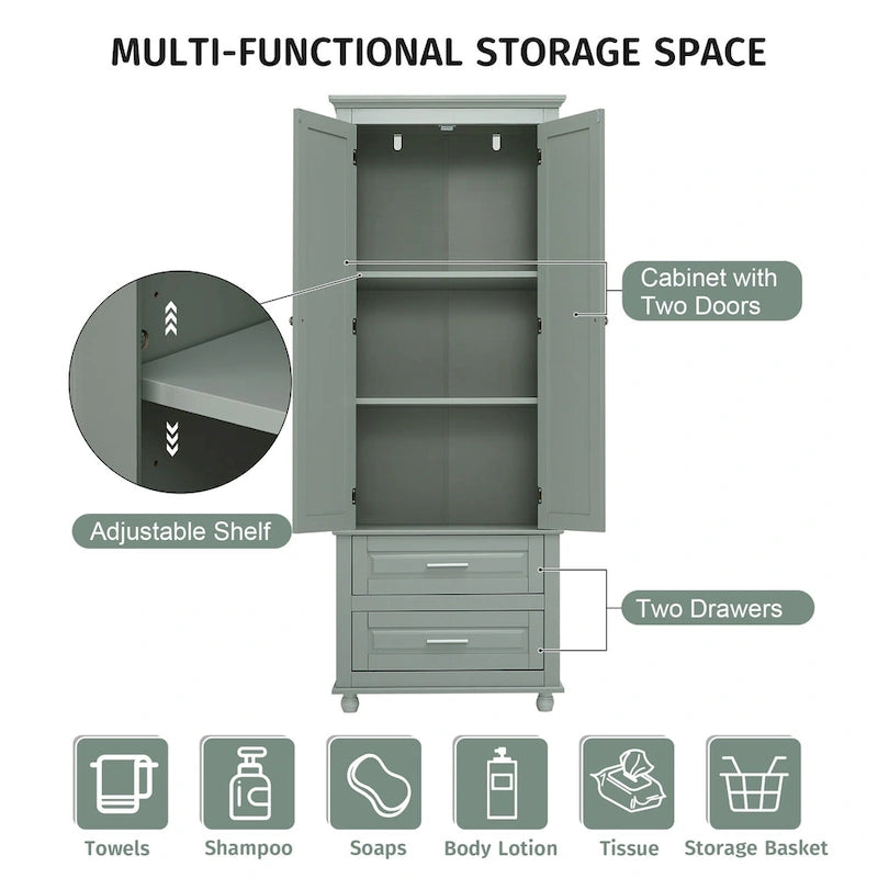 Tall Storage Cabinet with 2 Doors and 3 Drawers Adjustable Shelf MDF