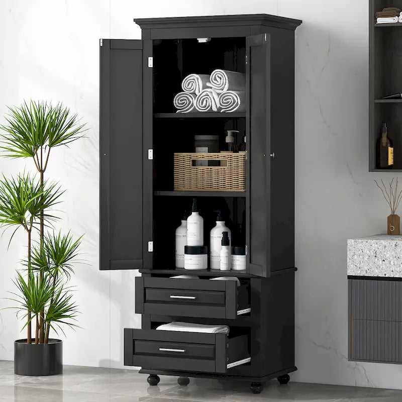 Tall Storage Cabinet with 2 Doors and 3 Drawers Adjustable Shelf MDF