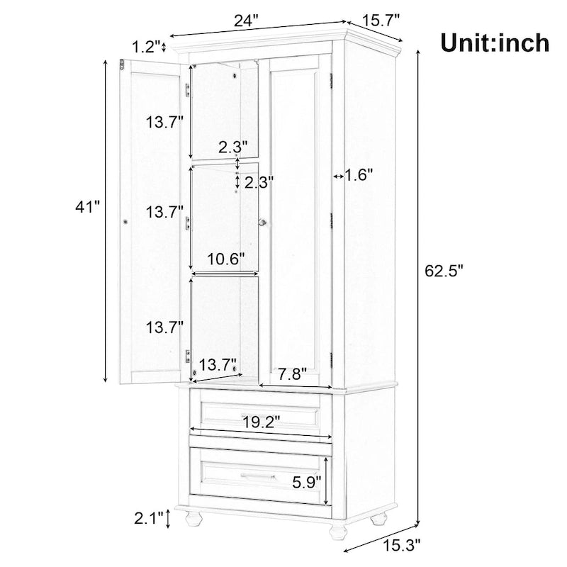 Tall Storage Cabinet with 2 Doors and 3 Drawers Adjustable Shelf MDF