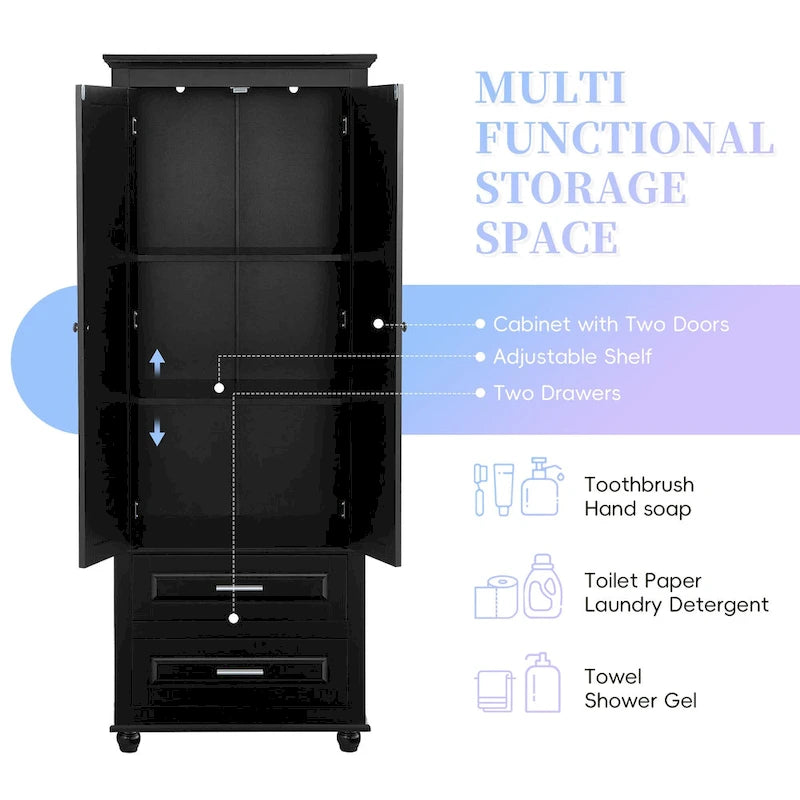 Tall Storage Cabinet with 2 Doors and 3 Drawers Adjustable Shelf MDF