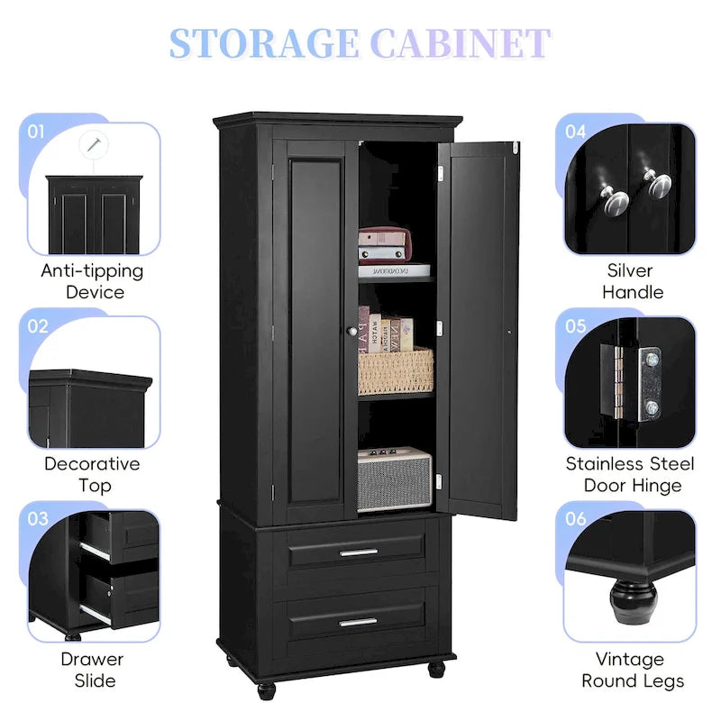 Tall Storage Cabinet with 2 Doors and 3 Drawers Adjustable Shelf MDF