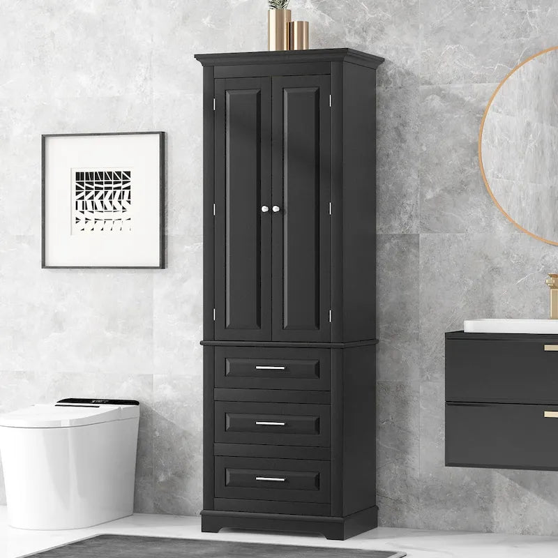 Tall Storage Cabinet with 2 Doors and 3 Drawers Adjustable Shelf MDF