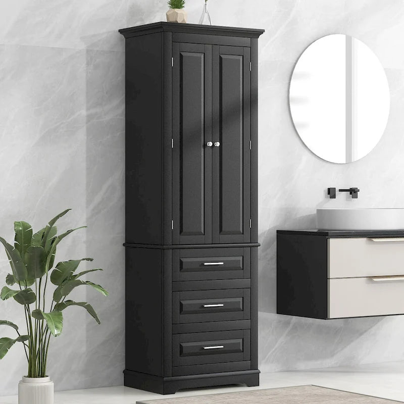 Tall Storage Cabinet with 2 Doors and 3 Drawers Adjustable Shelf MDF