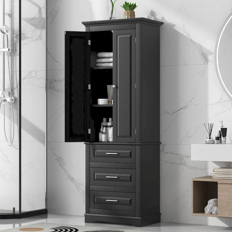 Tall Storage Cabinet with 2 Doors and 3 Drawers Adjustable Shelf MDF