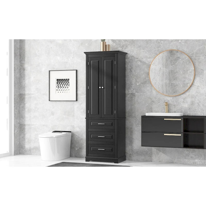 Tall Storage Cabinet with 2 Doors and 3 Drawers Adjustable Shelf MDF