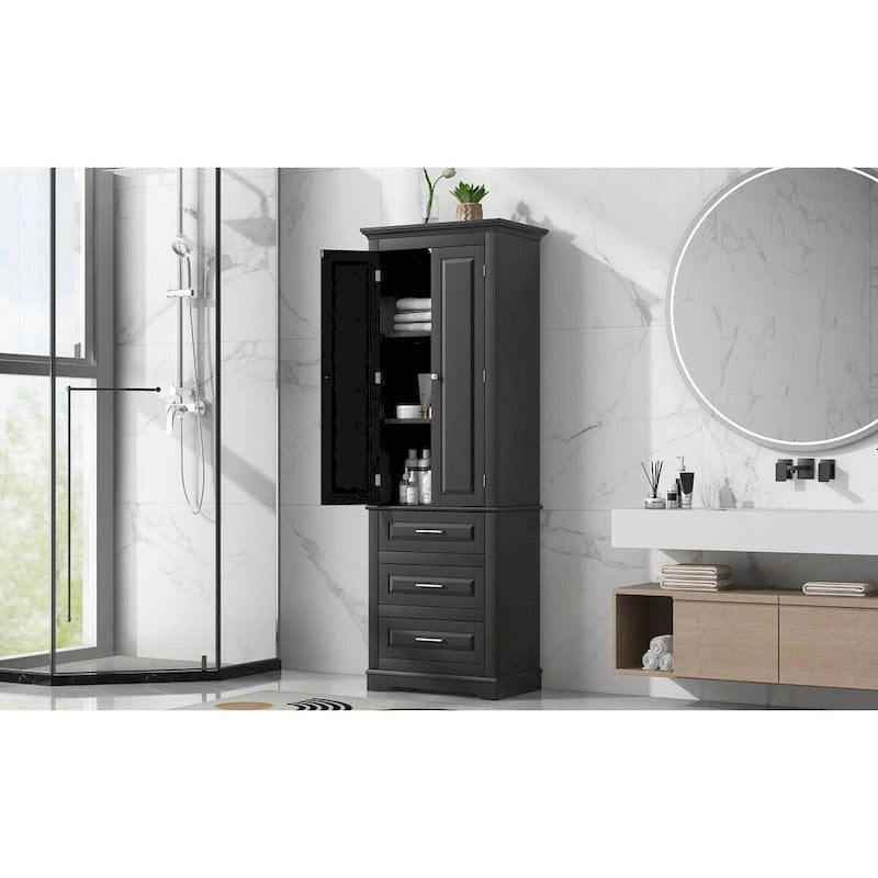 Tall Storage Cabinet with 2 Doors and 3 Drawers Adjustable Shelf MDF