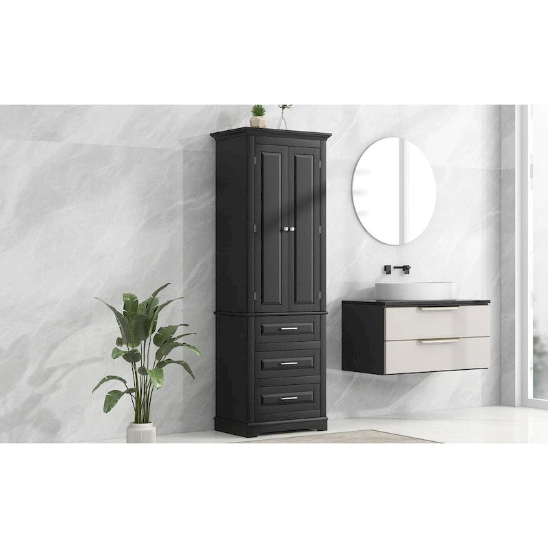 Tall Storage Cabinet with 2 Doors and 3 Drawers Adjustable Shelf MDF